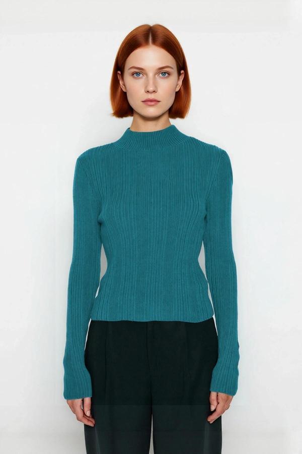 Kadın Fitted Dik Yaka Fitilli Uzun Kollu Triko Kazak Günlük Basic Siluet Kış Sonbahar Konforu - Image 1