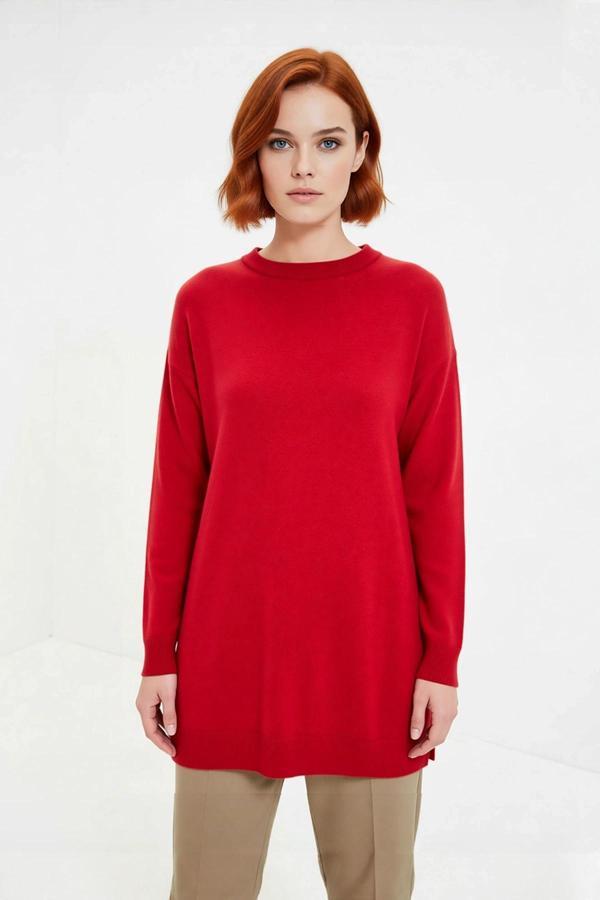 Kadın Relaxed Kalıp Triko Tunik Bisiklet Yaka Akrilik Düşük Kol Düz Desenli Yırtmaç Detaylı İnce - Image 1