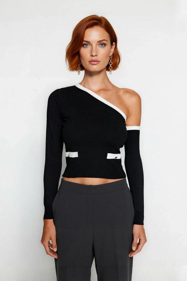 Kadın Renk Bloklu Asimetrik Yaka Tasarımlı Fitted Crop Uzun Kollu Şık Triko Üst Sonbahar İlkbahar - Image 1