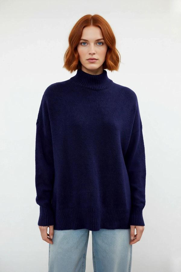 Kadın Basic Oversize Dik Yaka Triko Kazak Düşük Kol Uzun Boy Kışlık Günlük Şıklık Sunar Kaliteli - Image 1