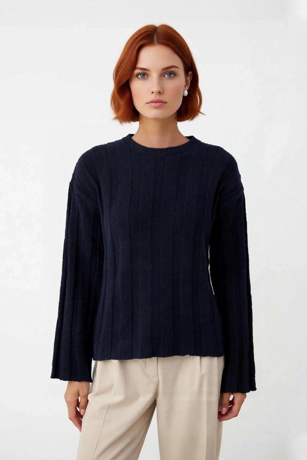 Kadın Fitilli Dokuma Triko Kazak Regular Kalıp Bisiklet Yaka Uzun Kollu Günlük Konforlu Şıklık Sunar - Image 1