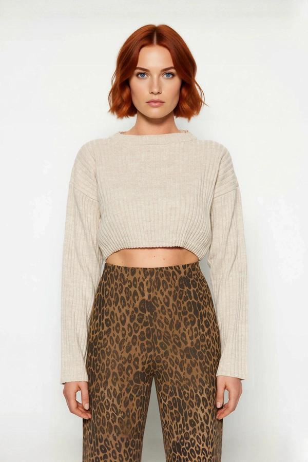 Kadın Düz Desen Regular Kalıp Triko Super Crop Bisiklet Yaka Uzun Kol Kazak Casual Tarz Kaliteli - Image 1