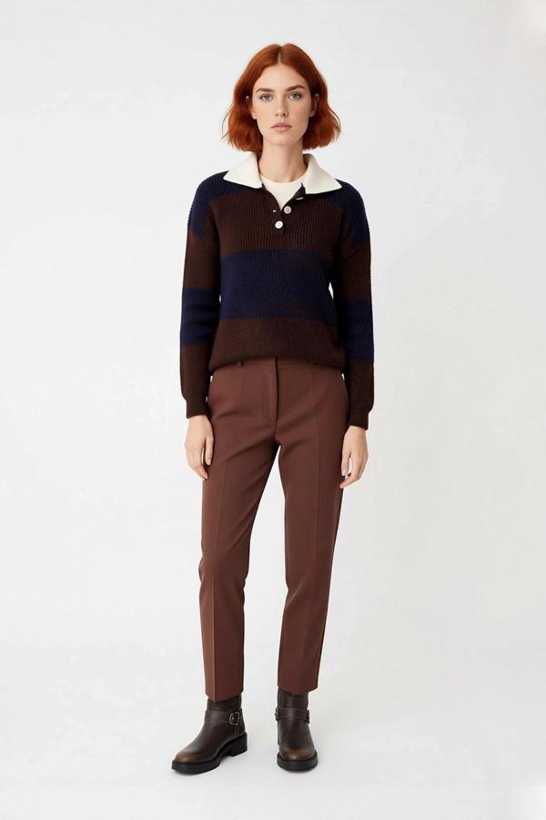 Kadın Rahat Kesim Renk Bloklu Polo Yaka Triko Kazak Soğuk Havalarda Şık ve Konforlu Seçim Kaliteli - Image 1