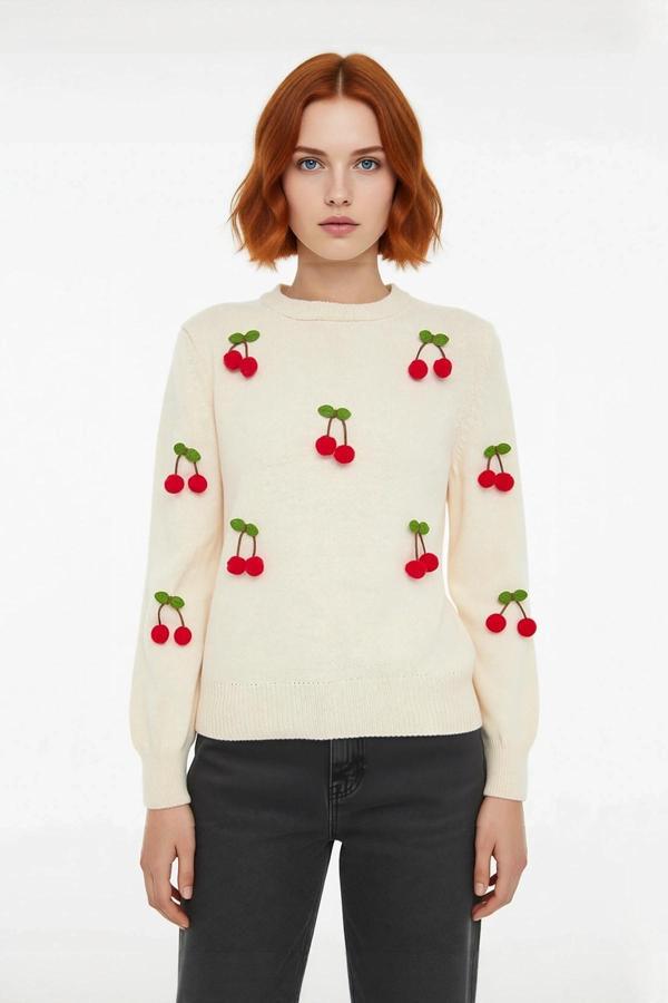 Kadın Akrilik Triko Bisiklet Yaka Nakışlı Uzun Kollu Regular Kazak Kış Günleri İçin Konforlu Stil - Image 1