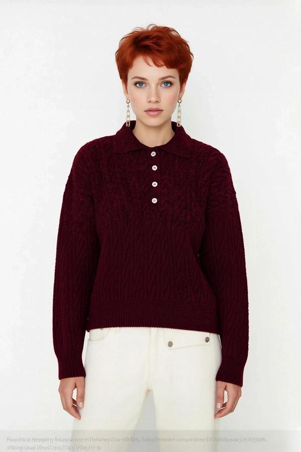 Kadın Oversize Triko Polo Yaka Saç Örgü Düşük Kollu Rahat Kışlık Basic Stil Kazak Kaliteli - Image 1