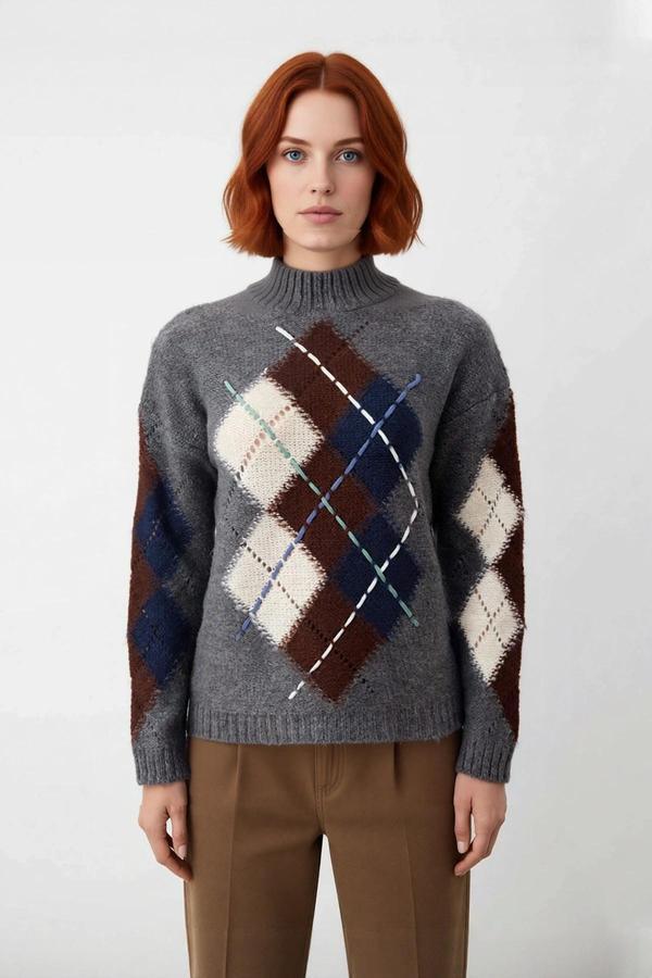 Kadın Dik Yaka Baklava Desenli Oversize Triko Kazak Düşük Kol Rahatlığıyla Kışlık Stil Sunar - Image 1