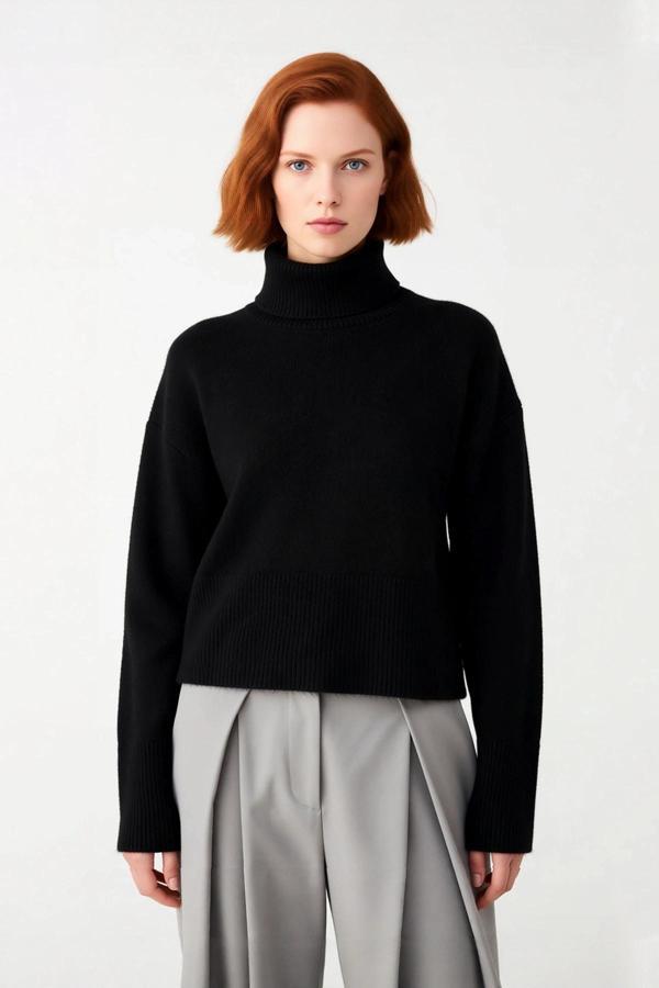 Kadın Geniş Kalıp Dik Yaka Triko Kazak Standart Kollu Orta Kalınlık Düz Desen Kış Kombinleri İçin - Image 1