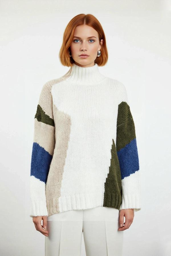 Kadın Şık Dik Yaka Oversize Renk Bloklu Düşük Kol Uzun Triko Kazak Kış Modasına Yeni Bir Soluk - Image 1