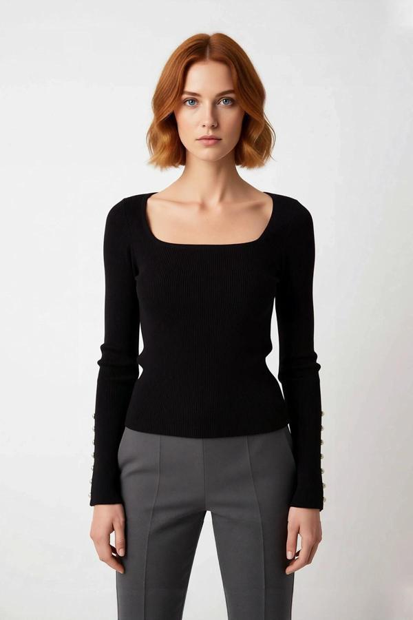 Kadın Fitted Kare Yaka Düğme Detaylı İspanyol Kol Fitilli Triko Kazak Yeni Sezon Şıklığı Kaliteli - Image 1