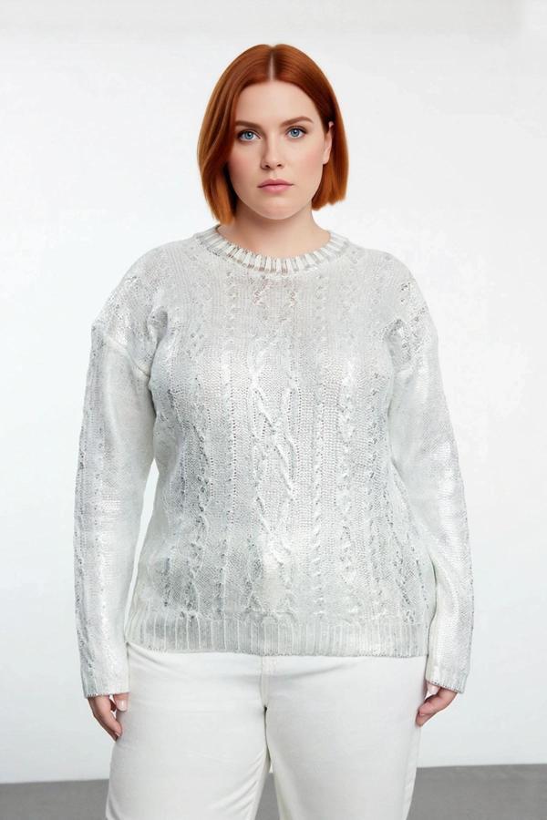 Kadın Saç Örgü Varak Detaylı Crop Triko Kazak Bisiklet Yaka Uzun Kollu Şık ve Modern Kombinler - Image 1