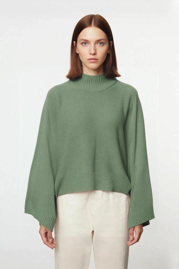 Kadın Geniş Kalıp Uzun İspanyol Kol Dik Yaka Triko Kazak Kış Kombinlerinin Vazgeçilmezi Kaliteli - Image 1