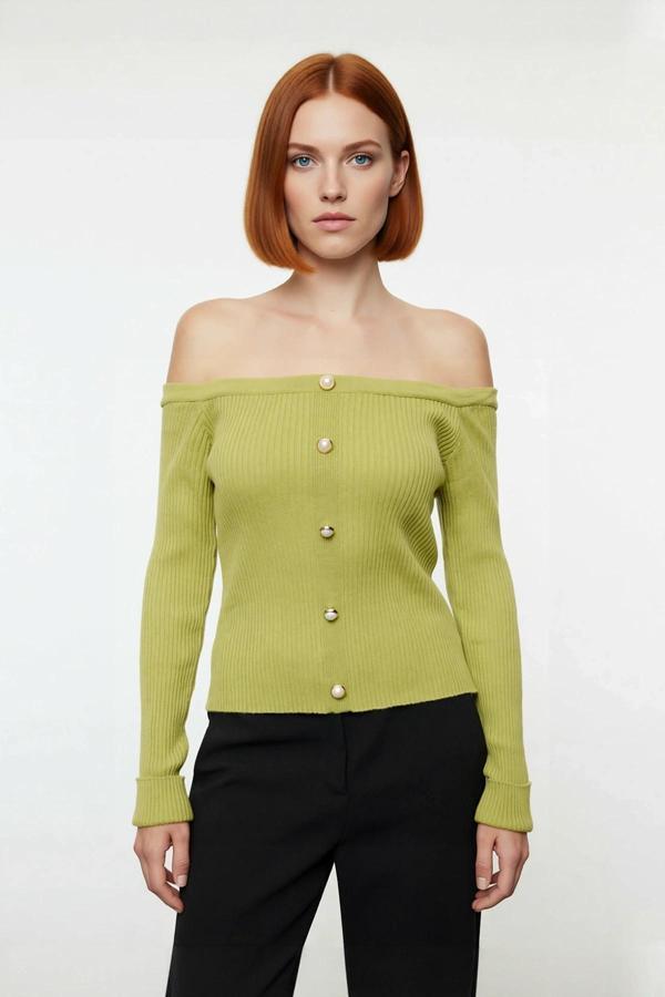 Kadınlar İçin Omuz Açık Fitted Kalıp Akrilik Uzun Kollu Fitilli Triko Bluz Şıklığı Kaliteli - Image 1