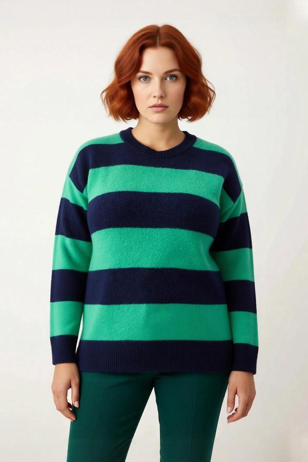 Kadın Rahat Kesim Çizgili Bisiklet Yaka Triko Kazak Uzun Kollu Soğuk Hava İçin İdeal Kaliteli - Image 1