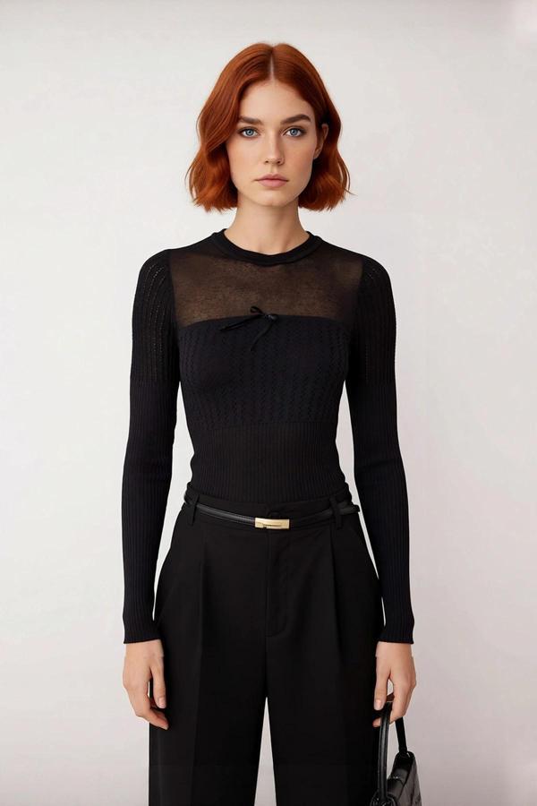 Kadın Bisiklet Yaka Fitted Kesim Transparan Ajurlu Detaylı Modern Triko Kazak Kaliteli Şık - Image 1