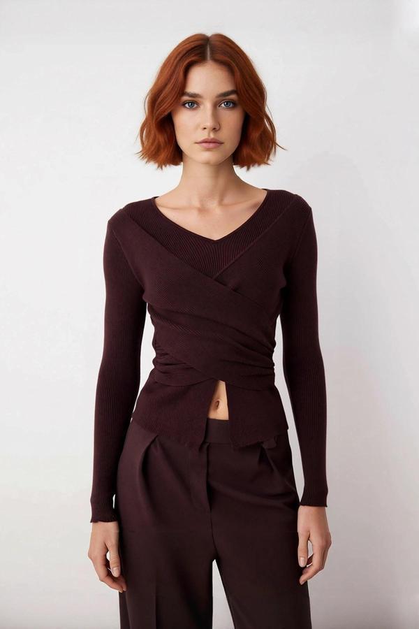 Kadınlara Özel Vücudu Saran Fitted Kesim Drape Örgü Triko Kazak İlkbahar Sonbahar Kombinleriniz - Image 1