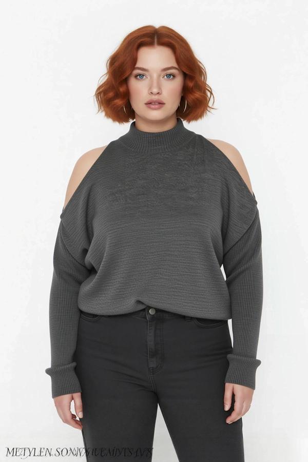 Kadın Şık Relaxed Kalıp Dik Yaka Uzun Kollu Omzu Açık Detaylı Tarz Akrilik Triko Kazak Kaliteli - Image 1