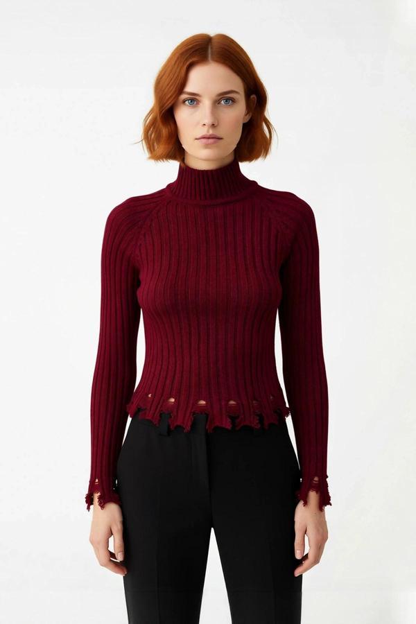 Kadınlara Özel Fitted Kesimli Crop Dik Yaka Uzun Kollu Fitilli Triko Kazak Günlük Stil İçin - Image 1