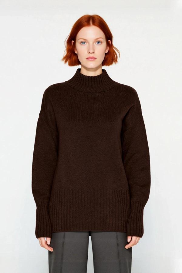 Kadınlara Özel Oversize Rahat Kalıp Düz Renk Triko Kazak Dik Yaka Reglan Kol Kış Modasının - Image 1