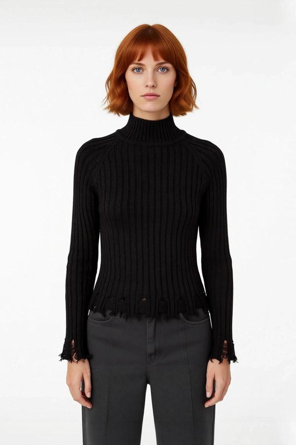 Kadınlara Özel Fitted Kesimli Crop Dik Yaka Uzun Kollu Fitilli Triko Kazak Günlük Stil İçin - Image 1