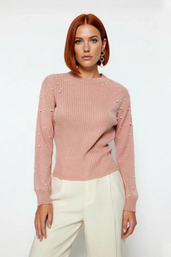 Kadın İnci Detaylı Bisiklet Yaka Regular Kalıp Düşük Kol Fitilli Triko Kazak Günlük Şıklık - Image 1