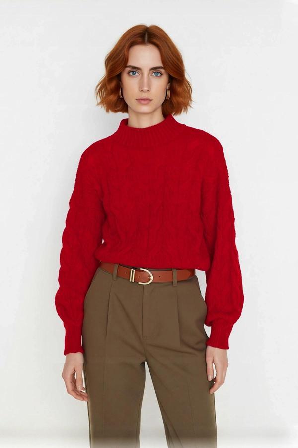 Kadın Oversize Balon Kol Dik Yaka Saç Örgü Crop Akrilik Triko Kazak Kış Modasına Uyumlu Kaliteli - Image 1