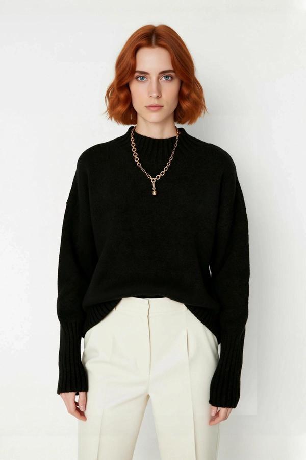 Kadınlara Özel Oversize Rahat Kalıp Düz Renk Triko Kazak Dik Yaka Reglan Kol Kış Modasının - Image 1