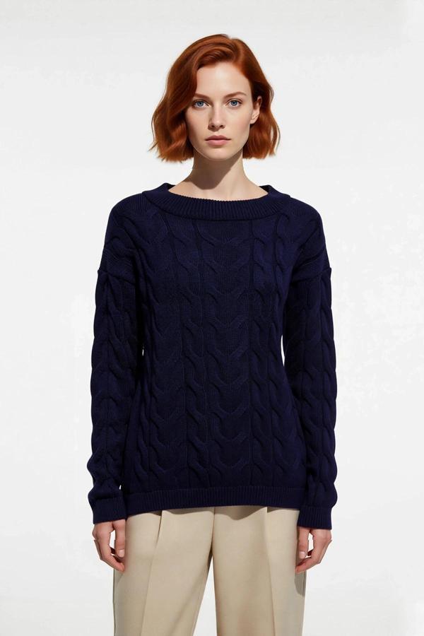 Kadınlara Özel Kayık Yaka Saç Örgü Desenli Regular Kalıp Uzun Kollu %100 Akrilik Triko Kazak - Image 1