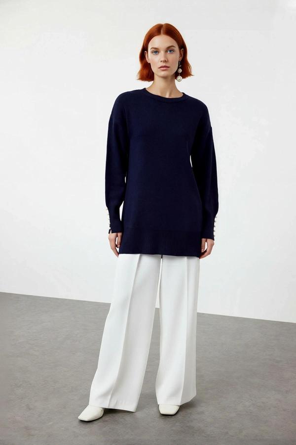 Kadın Düşük Kol İnci Detaylı Düz Desen Triko Kazak Kışlık Rahatlığın ve Şıklığın Adresi Kaliteli - Image 1