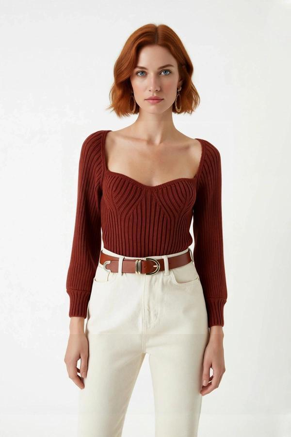 Kadın Kalp Yaka Crop Triko Kazak Regular Kalıp Uzun Kollu Fitilli Akrilik Günlük Şık Giyim - Image 1