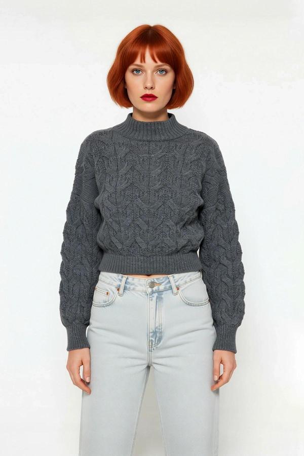 Kadın Oversize Balon Kol Dik Yaka Saç Örgü Crop Akrilik Triko Kazak Kış Modasına Uyumlu Kaliteli - Image 1