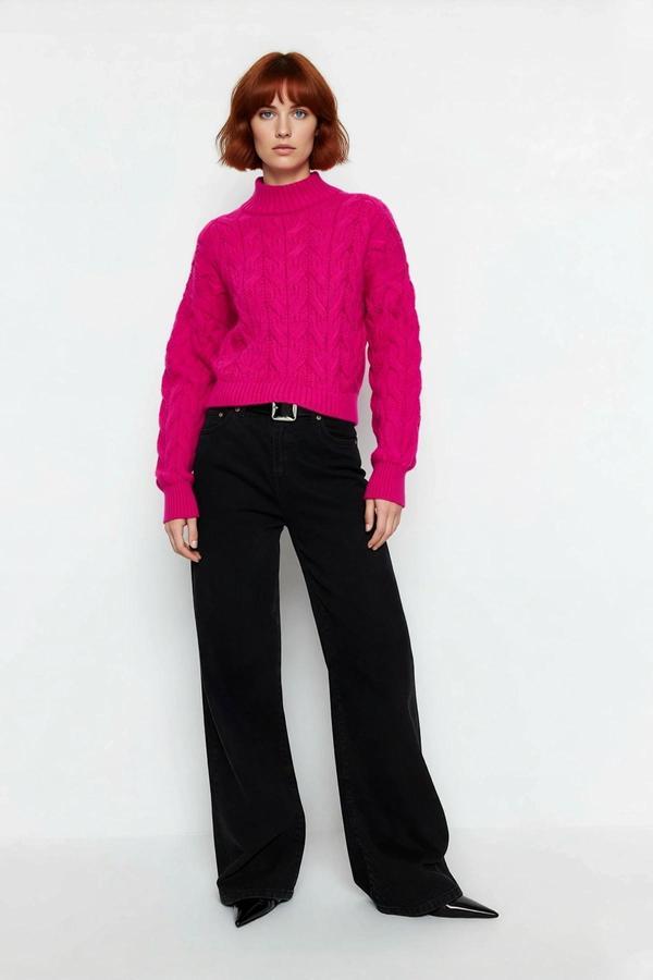 Kadın Oversize Balon Kol Dik Yaka Saç Örgü Crop Akrilik Triko Kazak Kış Modasına Uyumlu Kaliteli - Image 1