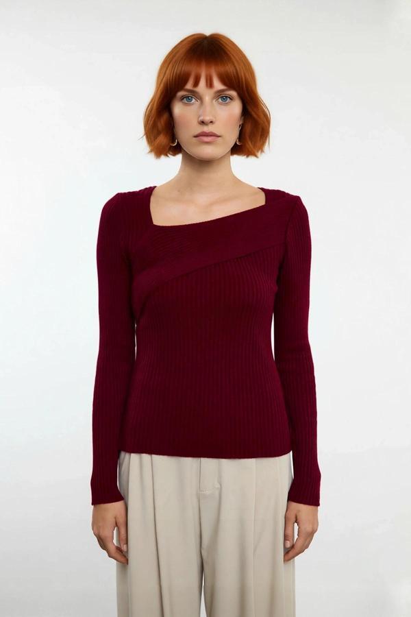 Kadın Asimetrik Yaka Fitted Kalıp Uzun Kollu Triko Kazak Fitilli Dokuma Basic Kış Stili Kaliteli - Image 1