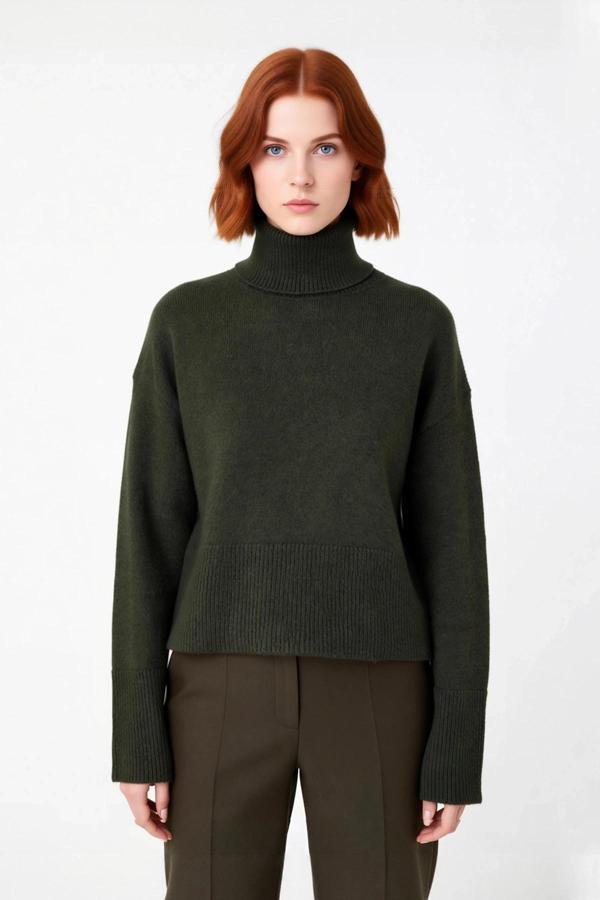 Kadın Geniş Kalıp Dik Yaka Triko Kazak Standart Kollu Orta Kalınlık Düz Desen Kış Kombinleri İçin - Image 1