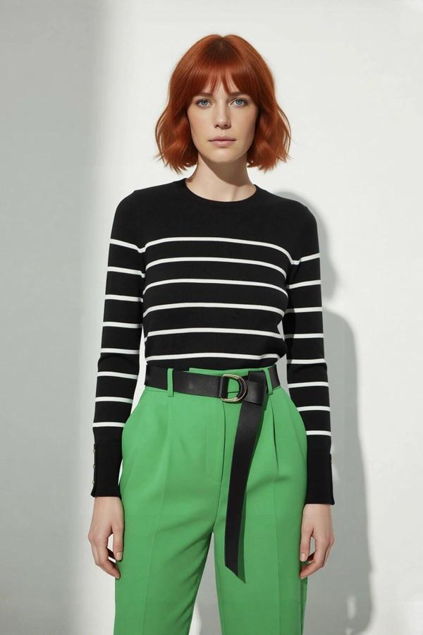 Kadın Şık Bisiklet Yaka Ekru Çizgili İnce Fitted Triko Kazak İlkbahar Sonbahar Günlük Kullanım - Image 1