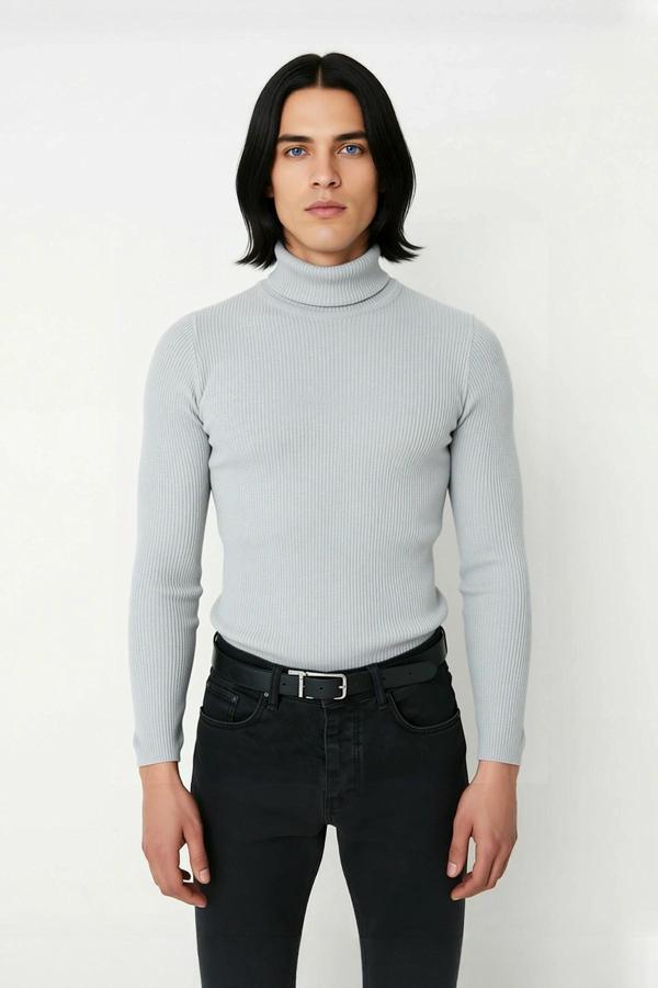 Erkek Fitted Balıkçı Yaka Fitilli Uzun Kollu Kazak Günlük Şıklığı ve Kış Konforunu Birleştirir - Image 1