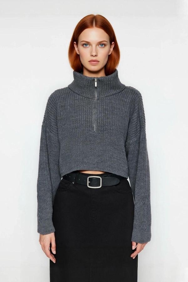 Kadın Basic Oversize Düşük Uzun Kollu Crop Fermuarlı Dik Yaka Triko Kazak Kışlık Rahat Stiller - Image 1