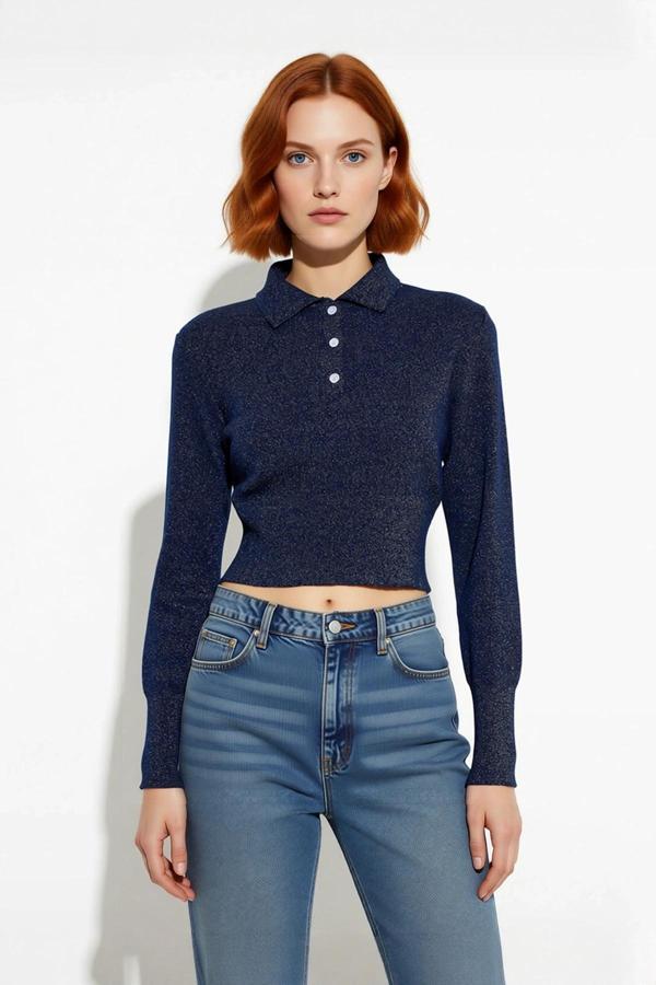 Kadın Regular Kalıp Uzun Kollu Polo Yaka Simli Triko Kazak Gündüz ve Gece Kombinleri İçin İdeal - Image 1