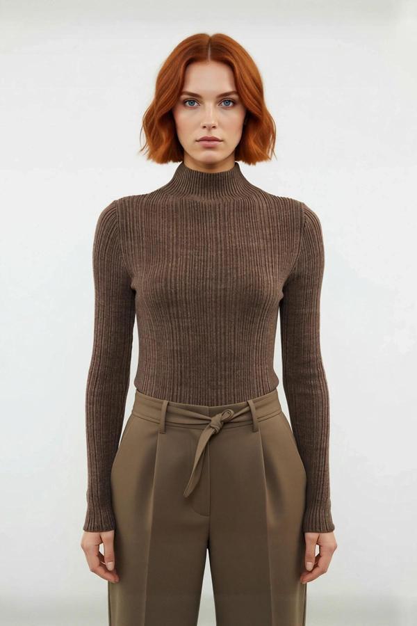 Kadın Fitted Dik Yaka Fitilli Uzun Kollu Triko Kazak Günlük Basic Siluet Kış Sonbahar Konforu - Image 1