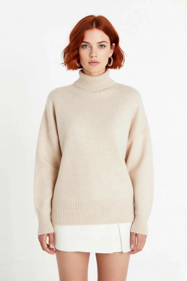 Kadın Basic Oversize Dik Yaka Triko Kazak Düşük Kol Uzun Boy Kışlık Günlük Şıklık Sunar Kaliteli - Image 1