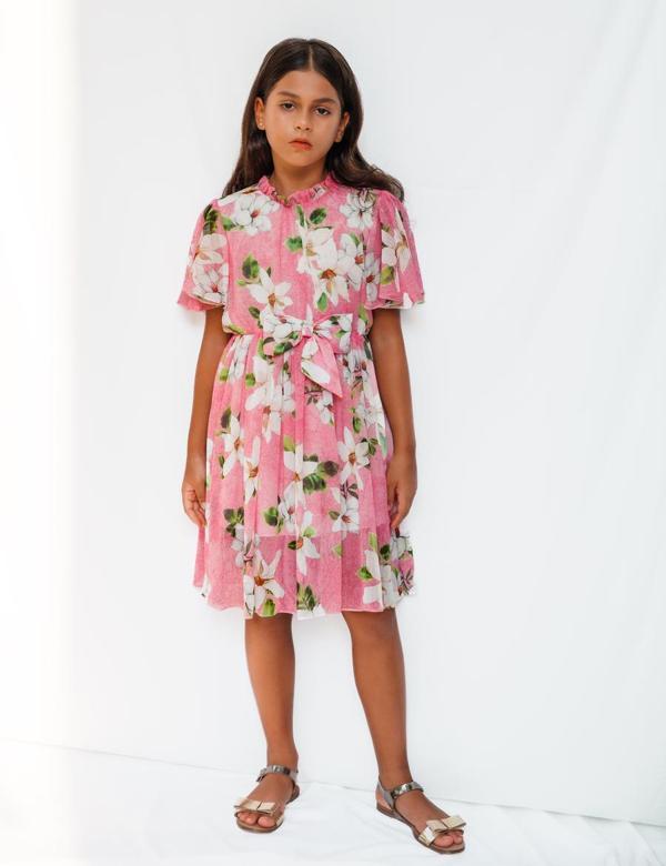 Pembe Çiçek Desenli Şifon Kız Çocuk Elbise - Image 1