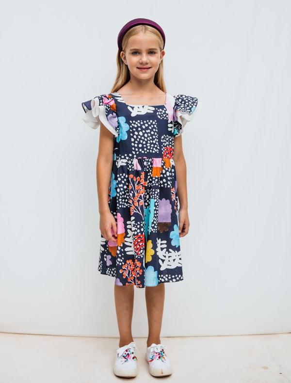 Pamuklu Desenli Kısa Kollu Kız Çocuk Elbise - Image 1