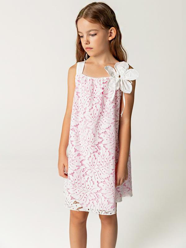 Dantel Pembe Pamuk Astarlı Askılı Kız Çocuk Elbise - Image 1