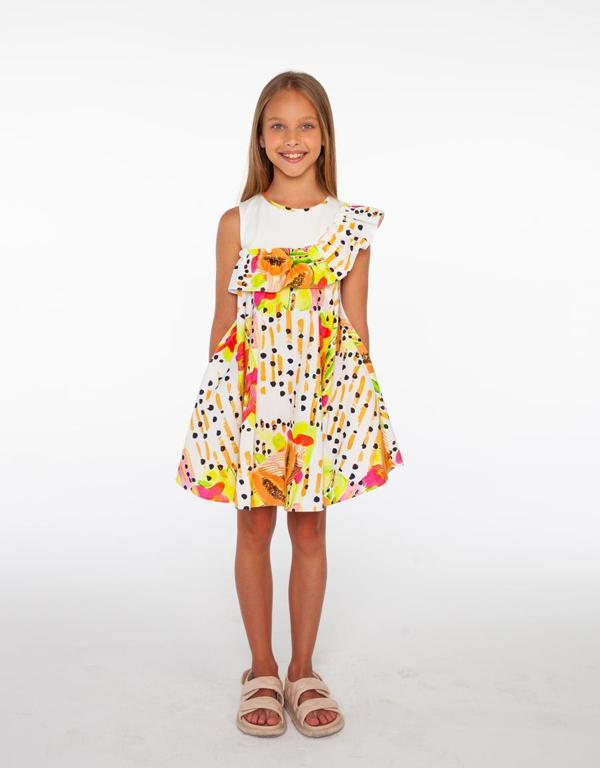 Papaya Desenli, Rahat Kalıp Kız Çocuk Elbise - Image 1
