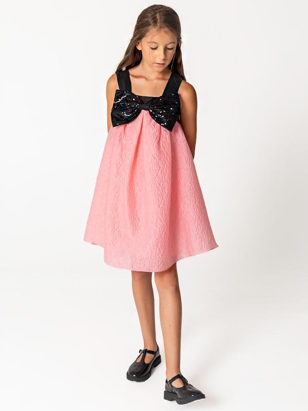 Payet Fiyonk Detaylı Pembe Jakar Kız Çocuk Elbise - Image 1