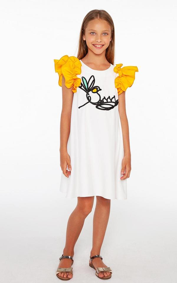 Kuş Aplike Detaylı Kız Çocuk Elbise - Image 1