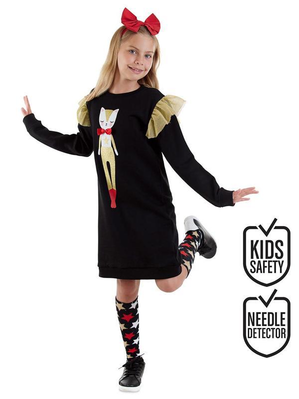 Simli Kedi Kız Çocuk Siyah Elbise - Image 1
