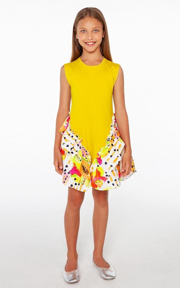 Hardal Rengi Örme Etek Ucu Desenli Kız Elbise - Image 1