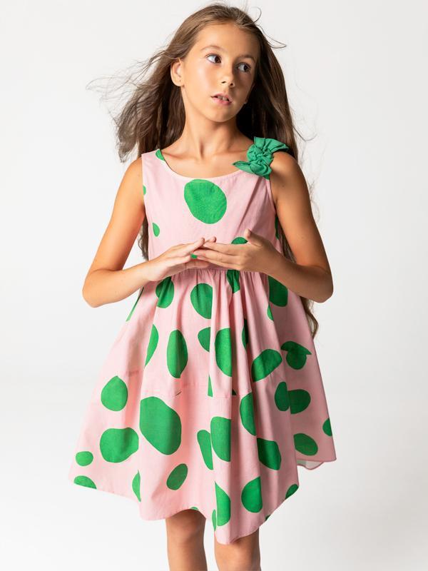 Pembe Benekli Kolsuz Pamuklu Kız Çocuk Elbise - Image 1
