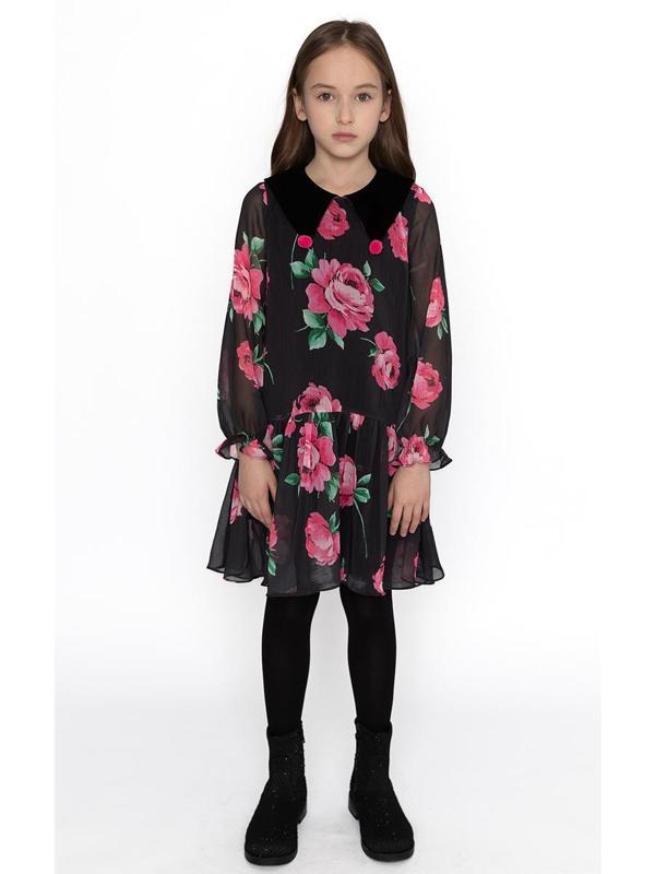 Gül Desenli Şifon Kız Çocuk Elbise - Image 1