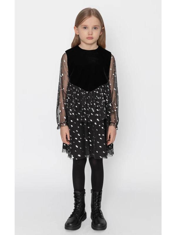 Tül Kollu Işıltılı Kadife Elbise - Image 1